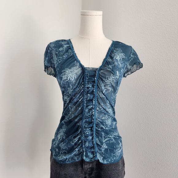 Y2K Mesh Blue Floral Sheer Ruched Cap Sleeve V-Neck Whimsigoth Top XS - Picture 1 of 7